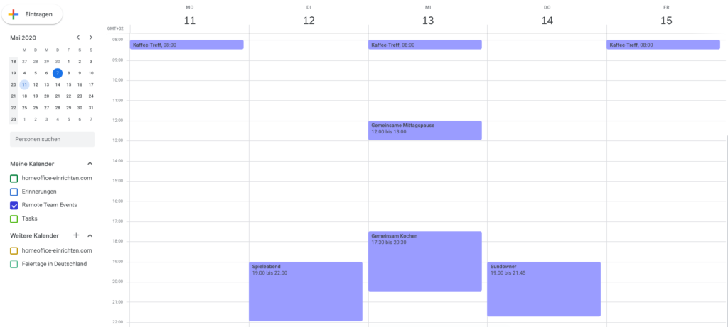 Kalender für Remote Team Events in Google Calendar.